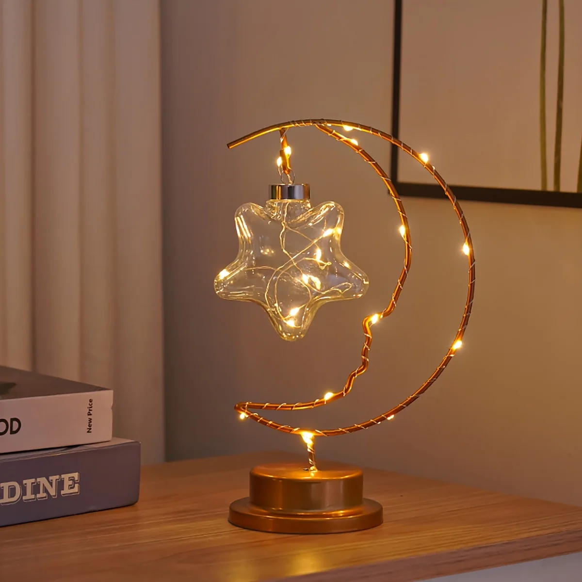 

Золотой Рамадан Луна, светодиодный декоративный светильник, железный художественный полумесяц, питание от батареи (батарейки в комплект не входят), мусульманская фестивальная лампа для спальни