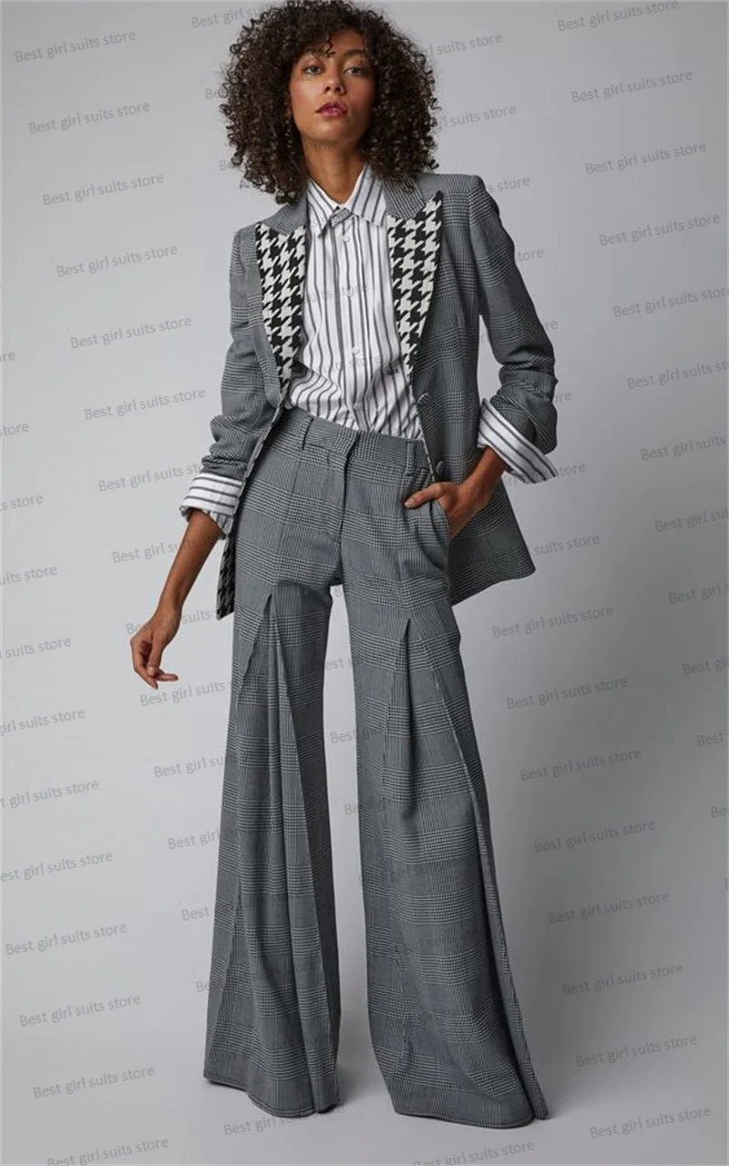 Grey Women Suit Blazer+Flare Pants Houndstooth And Plaid Mosaic Color Jacket Prom Dress Custom Made Coat High Waist Trousers