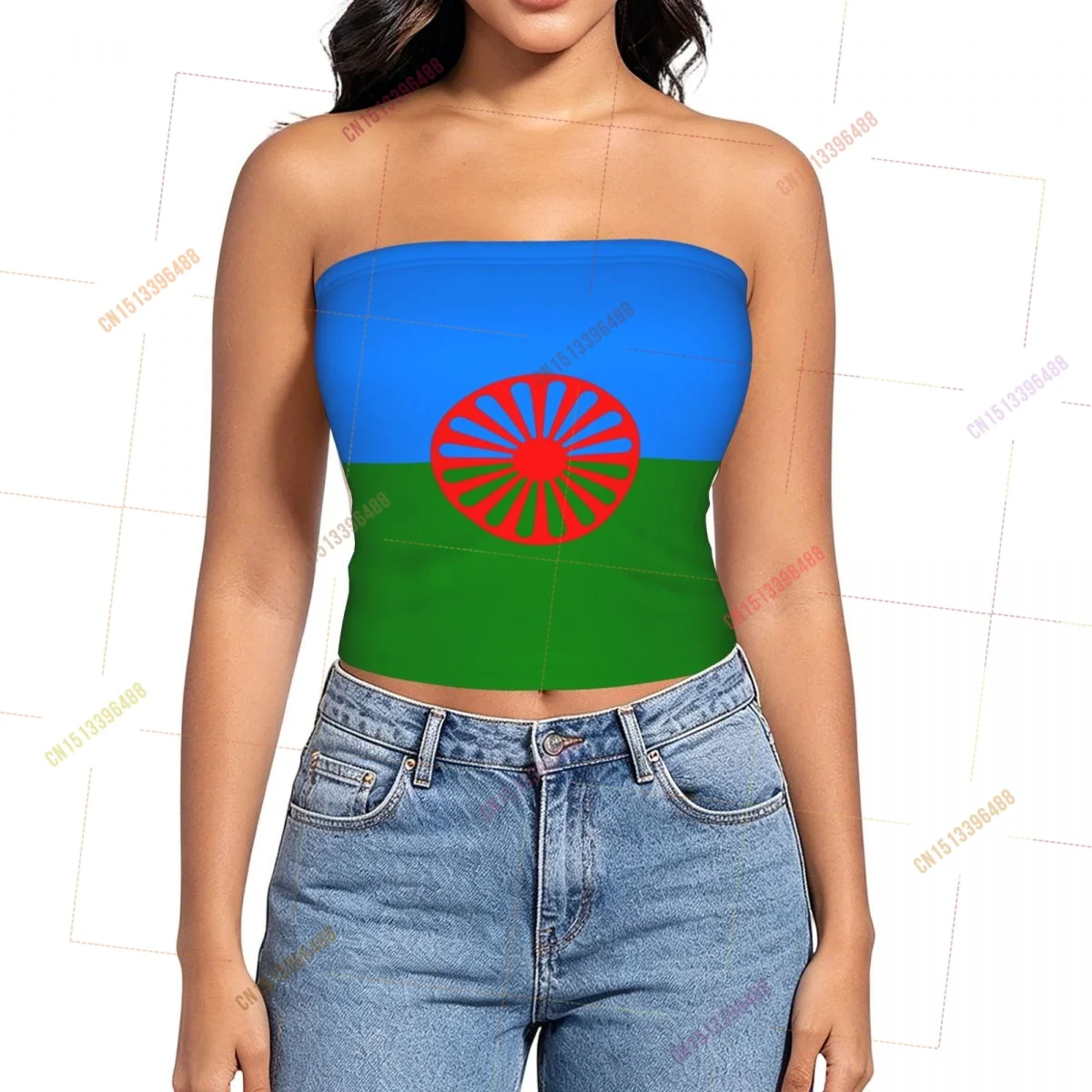 2026 Gypsy Romani Rom Flag Shoulder Strapless Tube Top Sleeveless Slim Fit Cropped Tank Tops Casual Summer Basic Streetwear Y2k