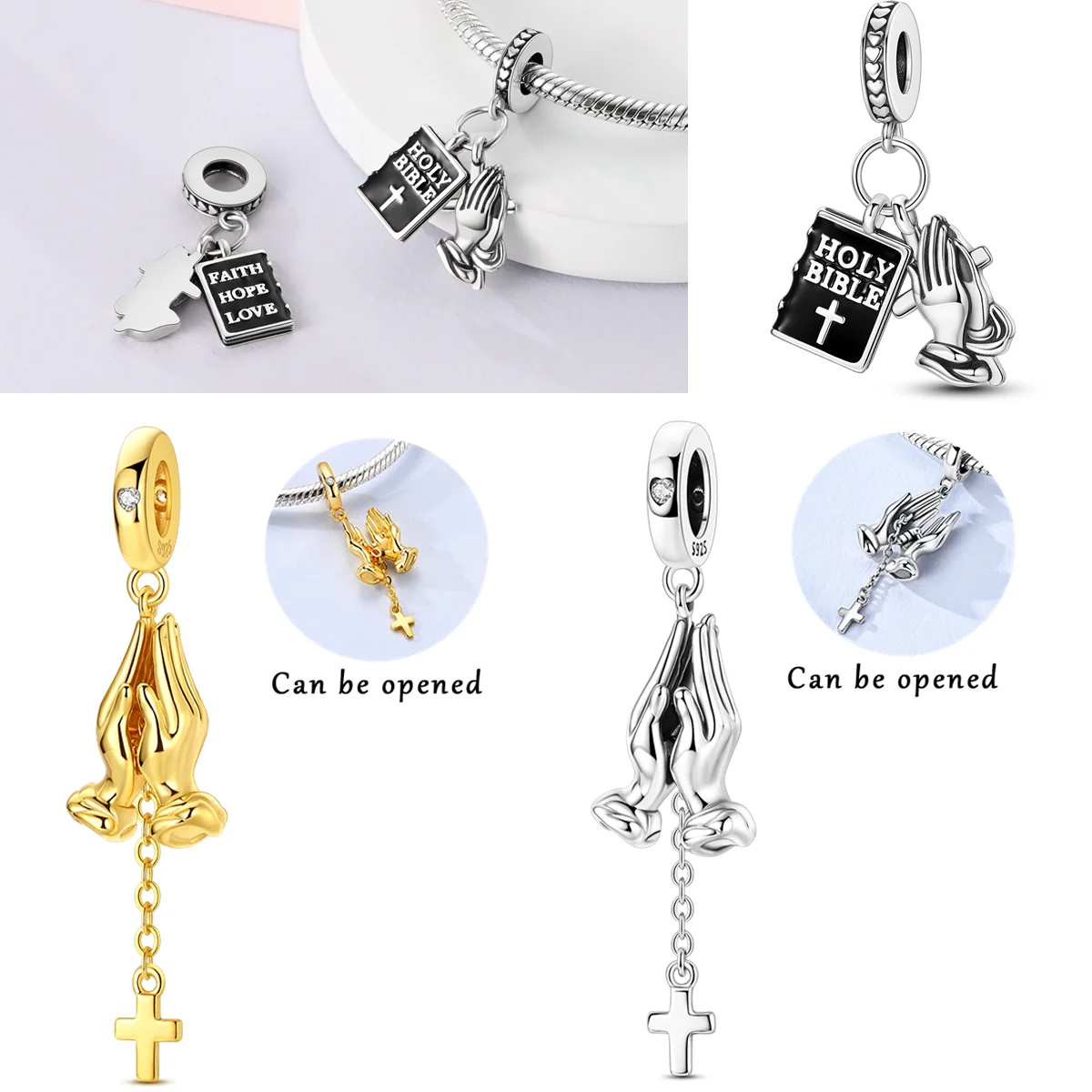 925 Sterling Silver Pray Charms Bead CZ Zircon Golden Prayer Faith Pendants Fit Original Bracelet DIY Jewelry Gift