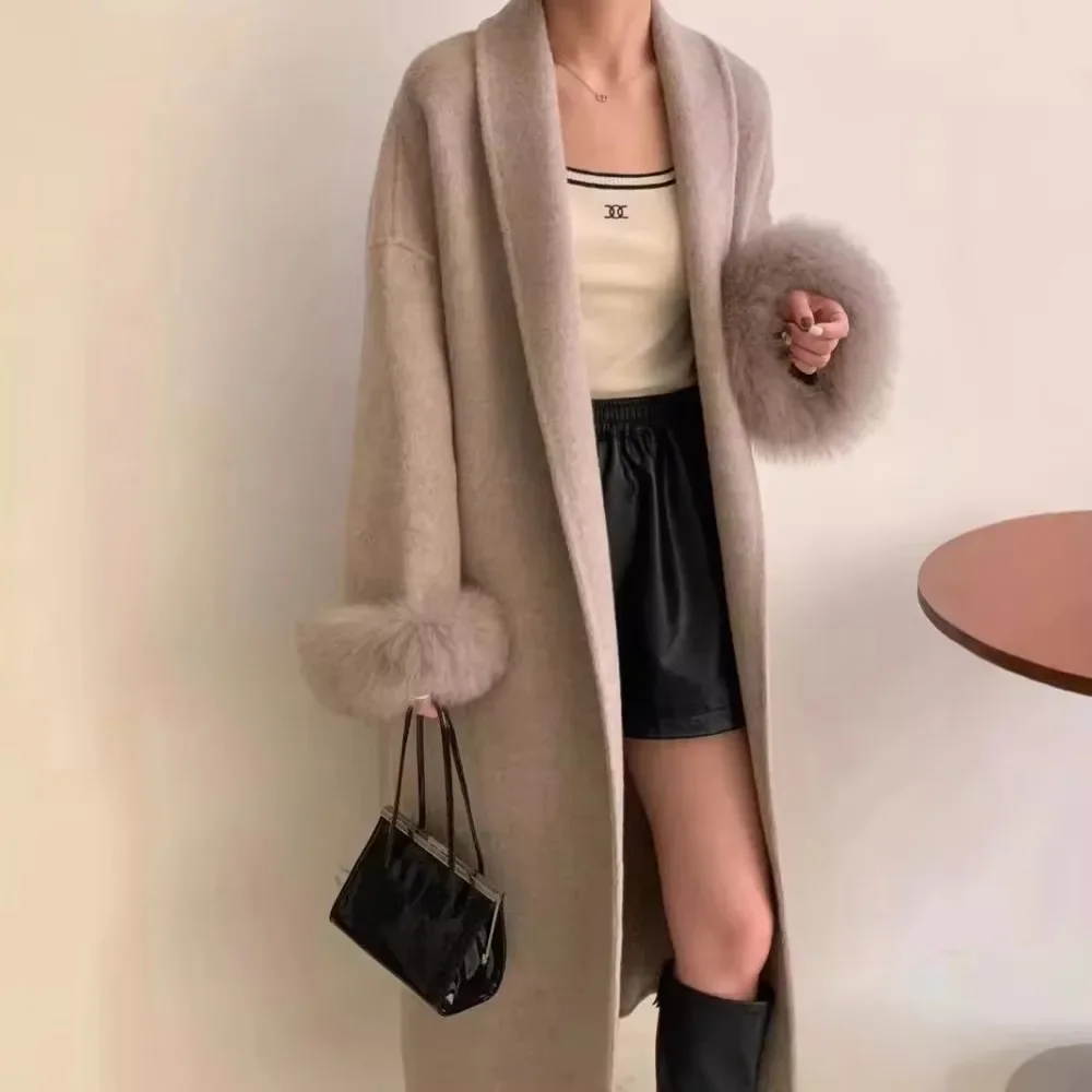 Abrigo largo de lana con puños de piel de zorro para mujer, chaqueta de piel de zorro auténtica, albornoz femenino, abrigo de Cachemira de doble cara, otoño e invierno, 2024