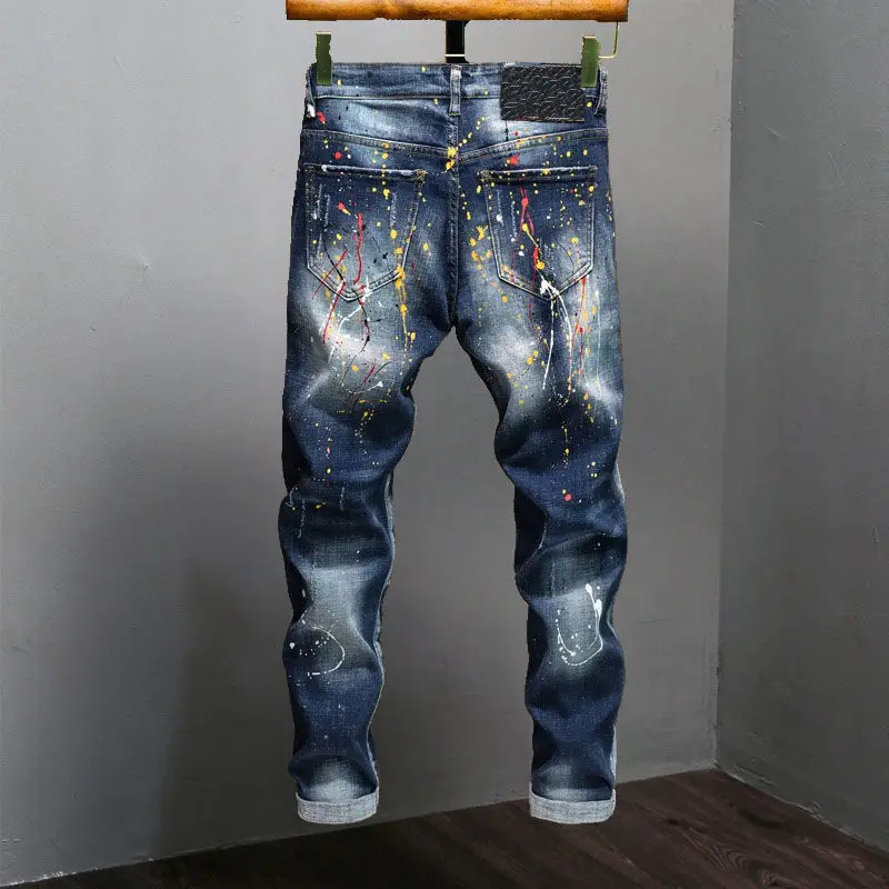New High Quality Men's Clothing Casual Slim Pencil Pants Distressed Paint Patch Color Ink Graffiti Designer Long Jeans Trousers