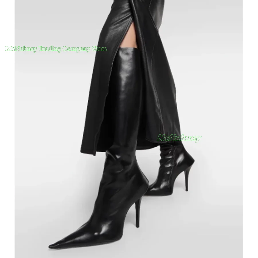 

Knee High Boots with Pointed Toe and Thin Heel Winter Black Leather Zipper Heeled Boots High Heels 2023 New Zapatos Para Mujere