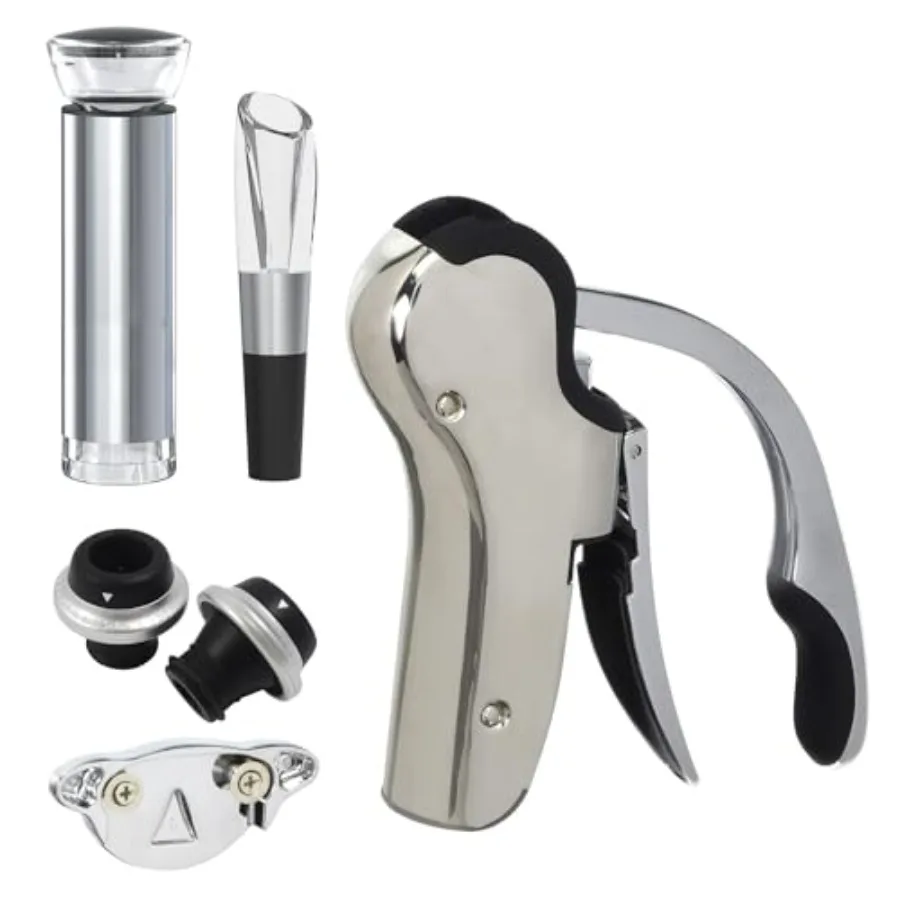 

Stainless Steel Wine Opener Set - Compact Vertical Corkscrew Wine Bottle Opener Gift Set with Foil Cutter Aerator Pourer Vacuum