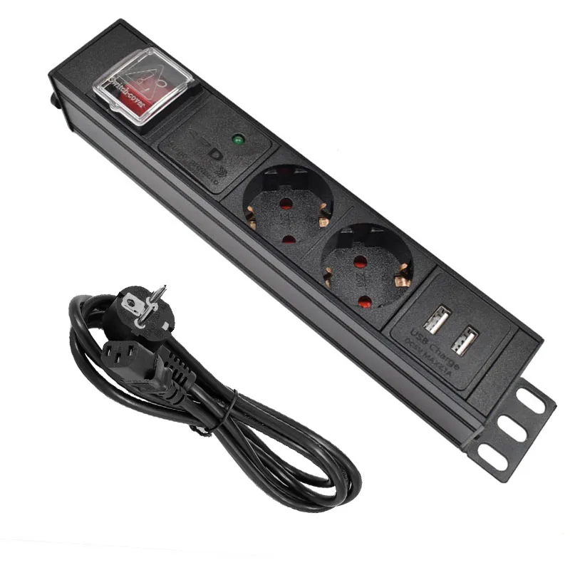 

2 AC EU Socket PDU Power Strip Aluminum alloy with IEC-C14 Port Outlet extend with USB Lightning protection