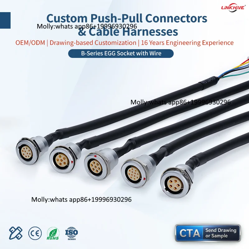 OEM/ODM B Series Precision Circular Connector Custom Medical Grade Wire Harness EGG Fixed Socket Cable Assembly for Automation