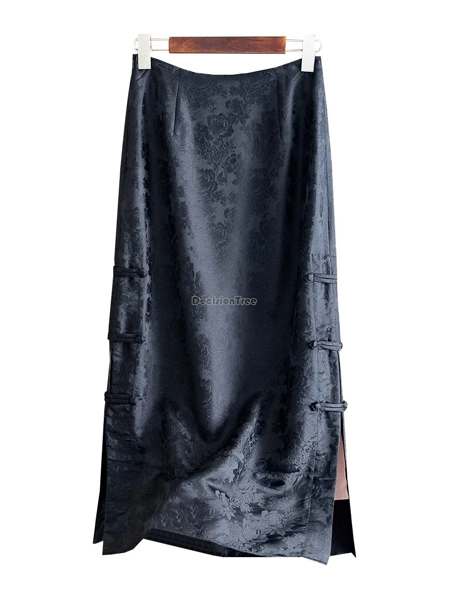 تنورة جاكار على الطراز الصيني الجديد لعام 2025 للنساء بدلة تانغ صينية كلاسيكية محسنة بفتحة عالية الخصر أنيقة نصف تنورة يومية