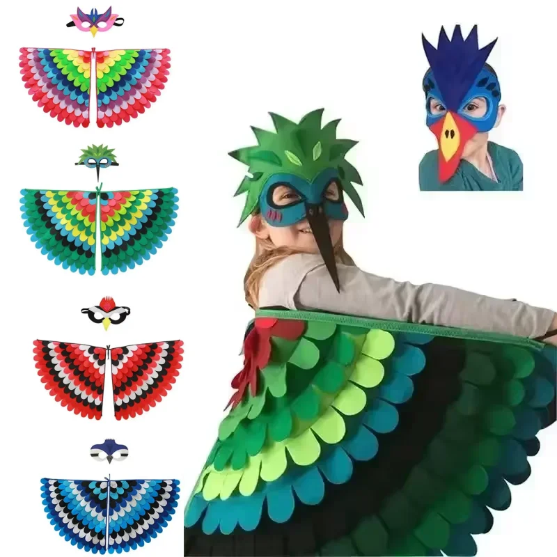 Kids Animal Bird Wings+mask Suit Stage Performance Peacock Owl Parrot Bird Felt Cape Halloween Bird Cosplay Cloak for Girls Boys