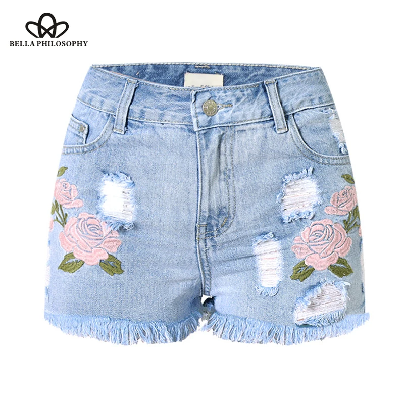 Bella Philosophy pantalones cortos rasgados con bolsillo y bordado de flores para mujer, pantalones cortos vaqueros informales de verano, pantalones cortos Vintage azul claro azul marino