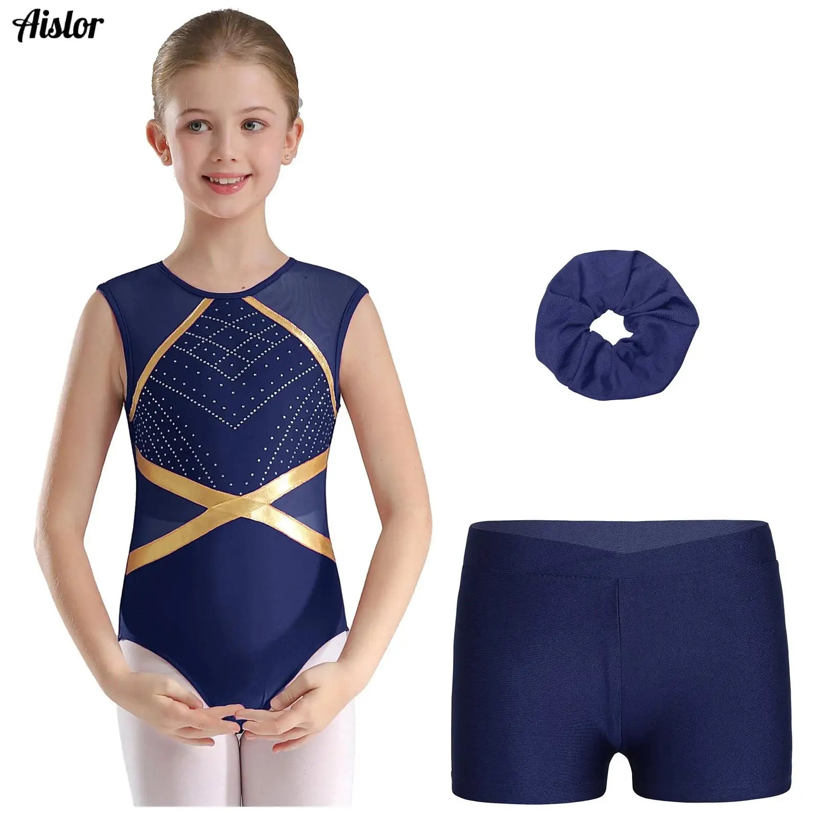 Kids Girls Gymnastics Outfit 3-Piece Keyhole Back Sleeveless Slim fit Leotard+Shorts+Hair Tie Headwear Ballet Dance Bodysuit