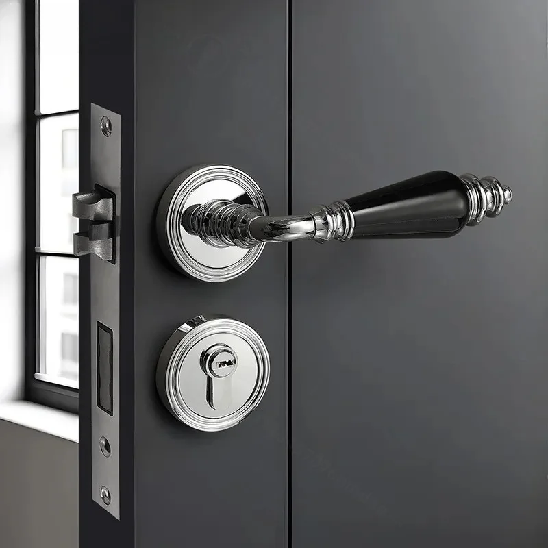 French Door Lock Bright Chrome Magnetic Mute Bedroom Door Lock Indoor Household Wooden Bathroom Door Handle