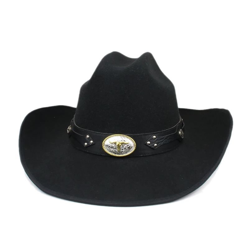 

Retro Classic Big Ox Head Black Leather Band Autumn Winter Warm Women Men Felt Yellowstone Cap Cowboy Hat 56-59cm Adjust