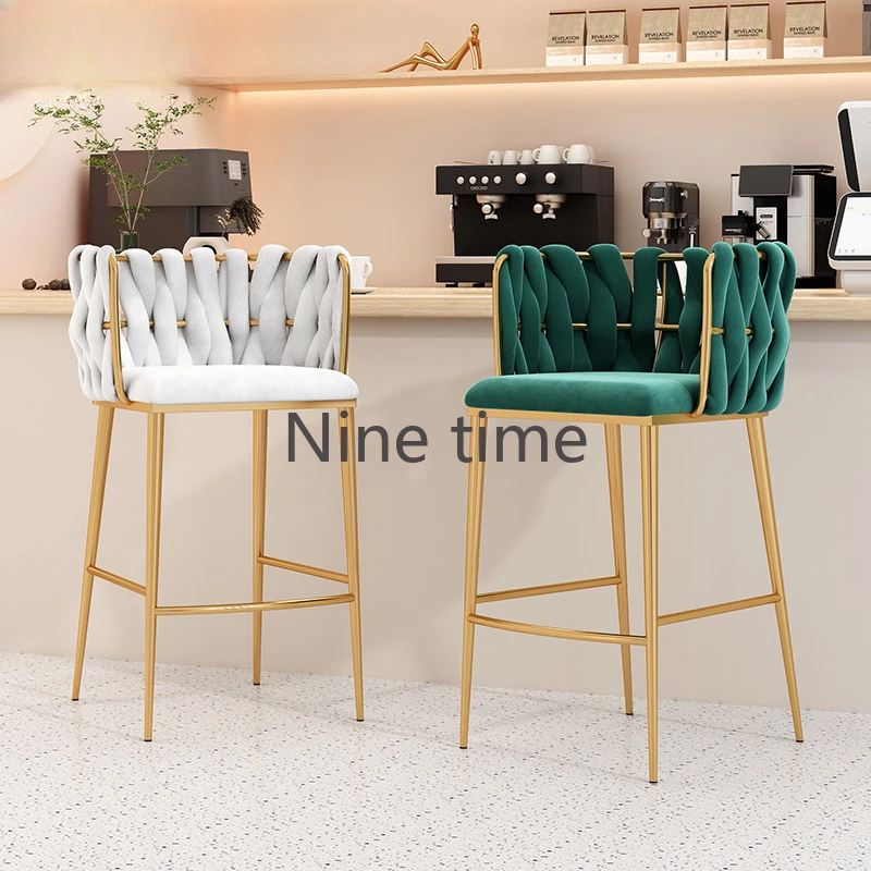 

Luxury Velvet Bar Chairs Reception Salon Dining Green Make Up Vanity Bar Stool Square Reinforce Sillas Para Comedor Furniture