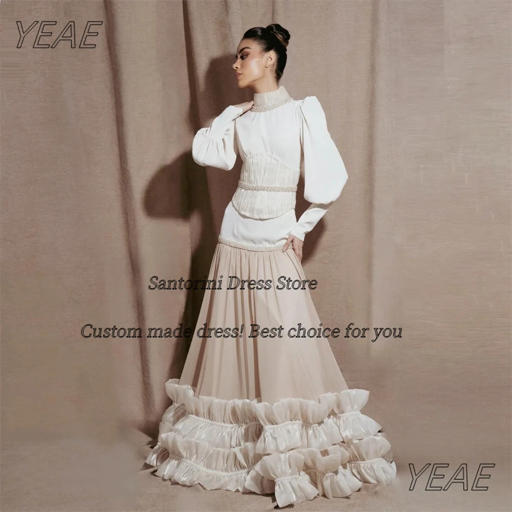 

Santorini Customized High Collar Evening Dresses Beading Corset Prom Dress Long Sleeves Bride Wear Tiered Wedding Party Gowns