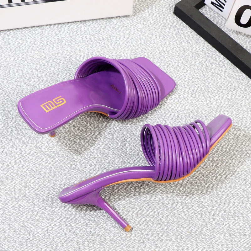 High-heeled slippers in summer 2023 square toe thin heel high-end sandals large size outside slippers 9.5CM ladies shoes