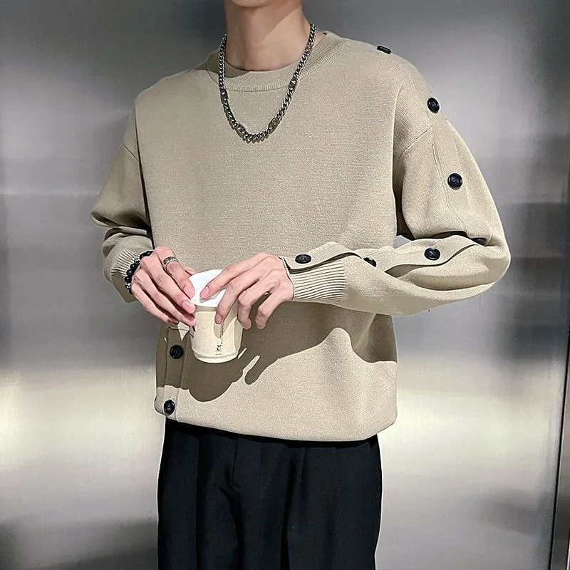 Solid Color Pullover Round Neck Button Sweater Men's Bottoming Shirt Long Sleeve Autumn and Winter Knitted Sweater Top