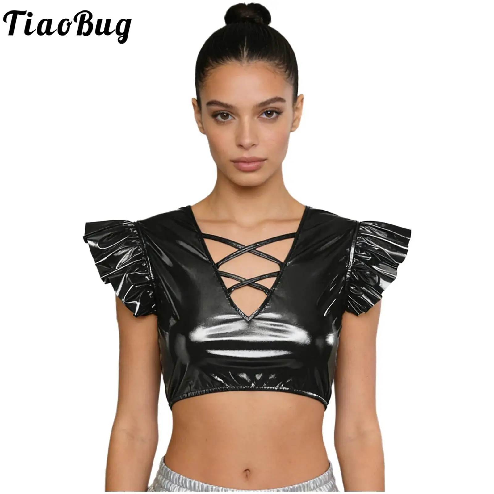Women Metallic Cutout Pullover Crop Tops Raves Party Clothes Pole Dance Festival Costume Strappy V-shaped Tank Top Clubwear