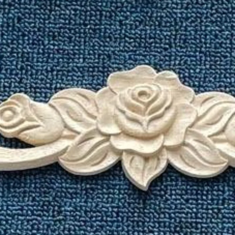 4Pcs Wood Carved Applique Mouldings Long Onlay Unpainted Rose Flower Door Home Decor Sculptures For Home British Farmhouse Styl