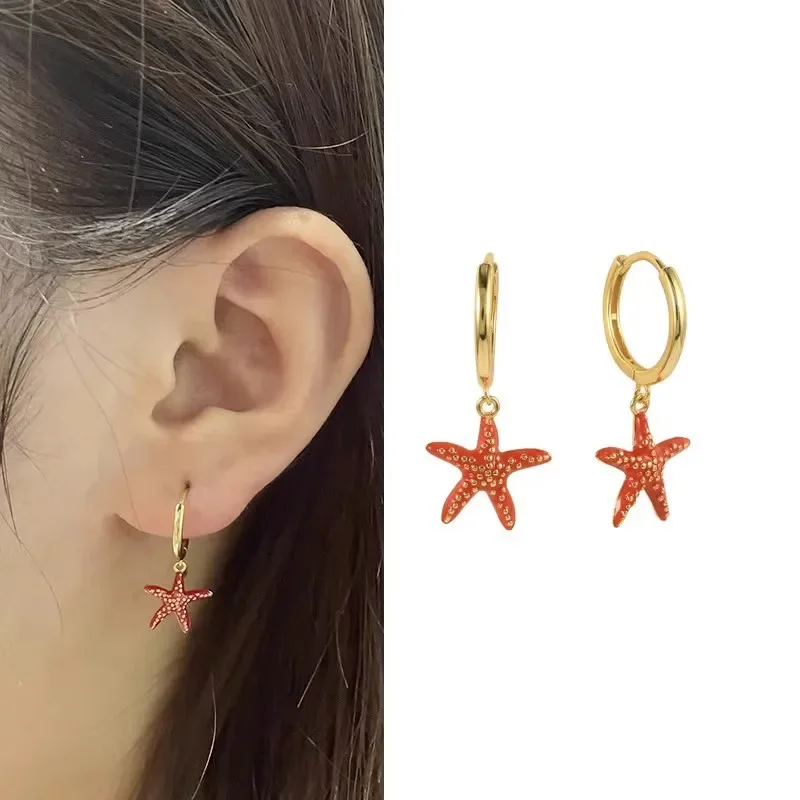 Wholesale Creative Starfish Hoop Earrings for Women Girls Fashion Enamel Orange Red Pendientes Jewelry Earrings