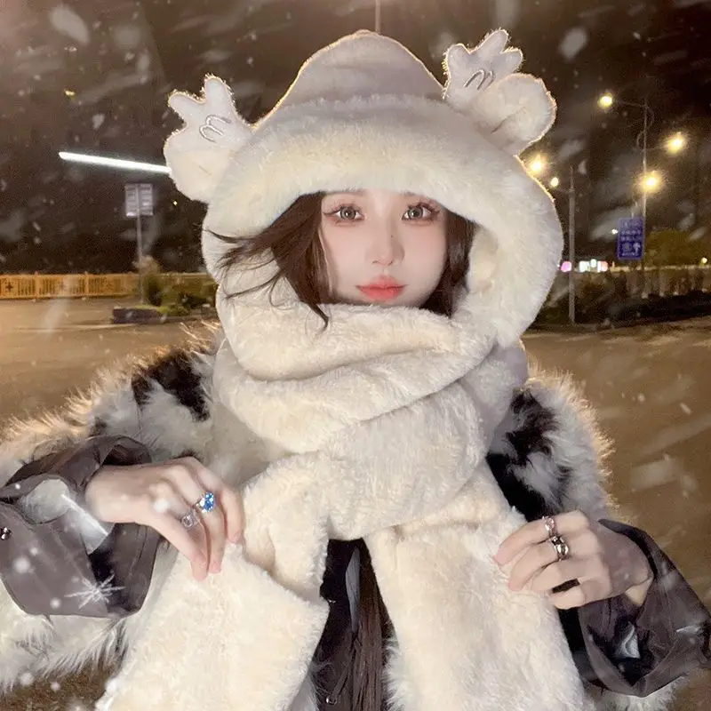 Little Bear Hat Scarf One Piece Adult Women\'s Winter Gloves Three in One Longbao Thickened Cycling Hairy Korean Version