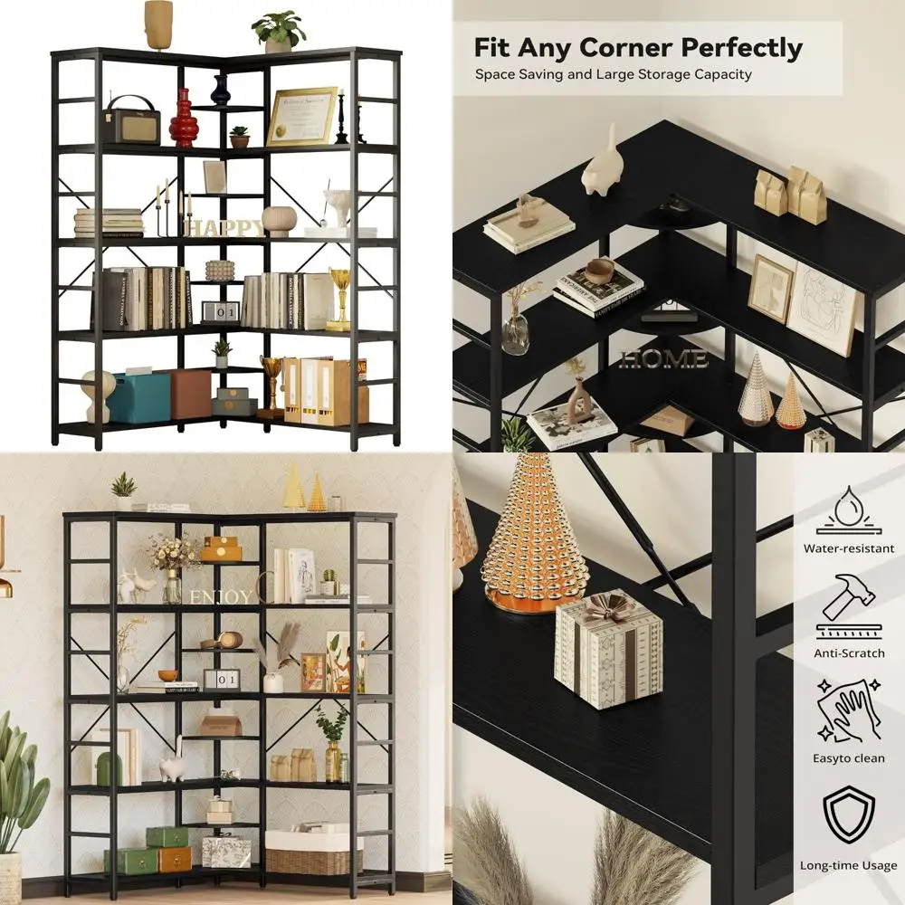 خزائن الكتب الصناعية وأرفف الكتب من IRONCK، خزانة كتب زاوية مكونة من 5 طبقات مع ألواح منحنية، رف على شكل حرف L مع إطار معدني لـ Ope #1