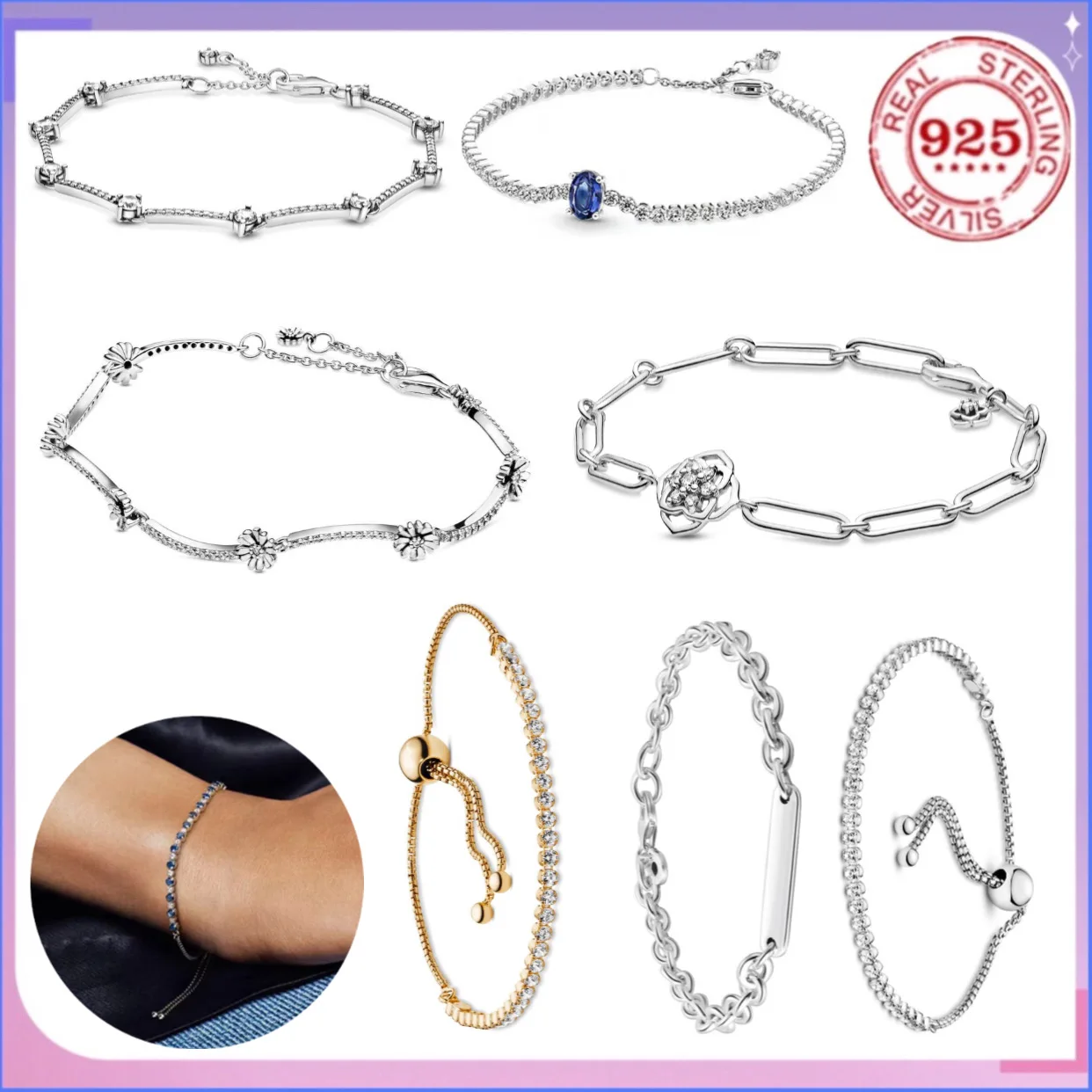 

Minimalist Elegant 925% Sterling Silver Fit Original Flower Blue Zircon Adjustment Bracelet Women DIY Birthday Gift Jewelry Gift