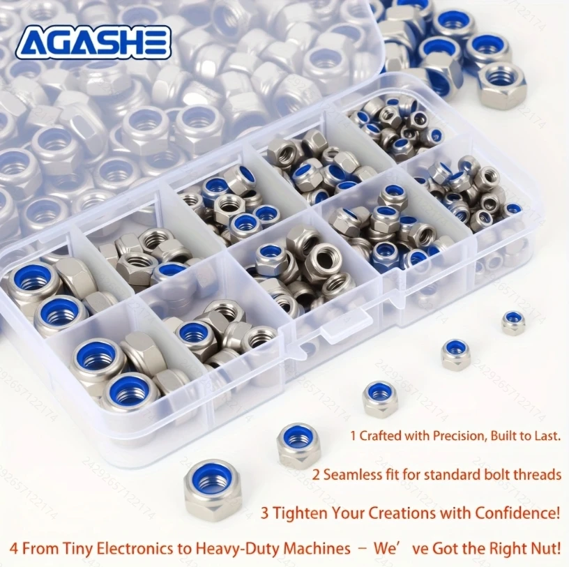 352 قطعة من أطقم صواميل M3-M8 من الفولاذ المقاوم للصدأ من الدرجة الأولى مع أجزاء مضادة للخياطة من النايلون، تصميم مضاد للأسنان اليمنى، شفاف