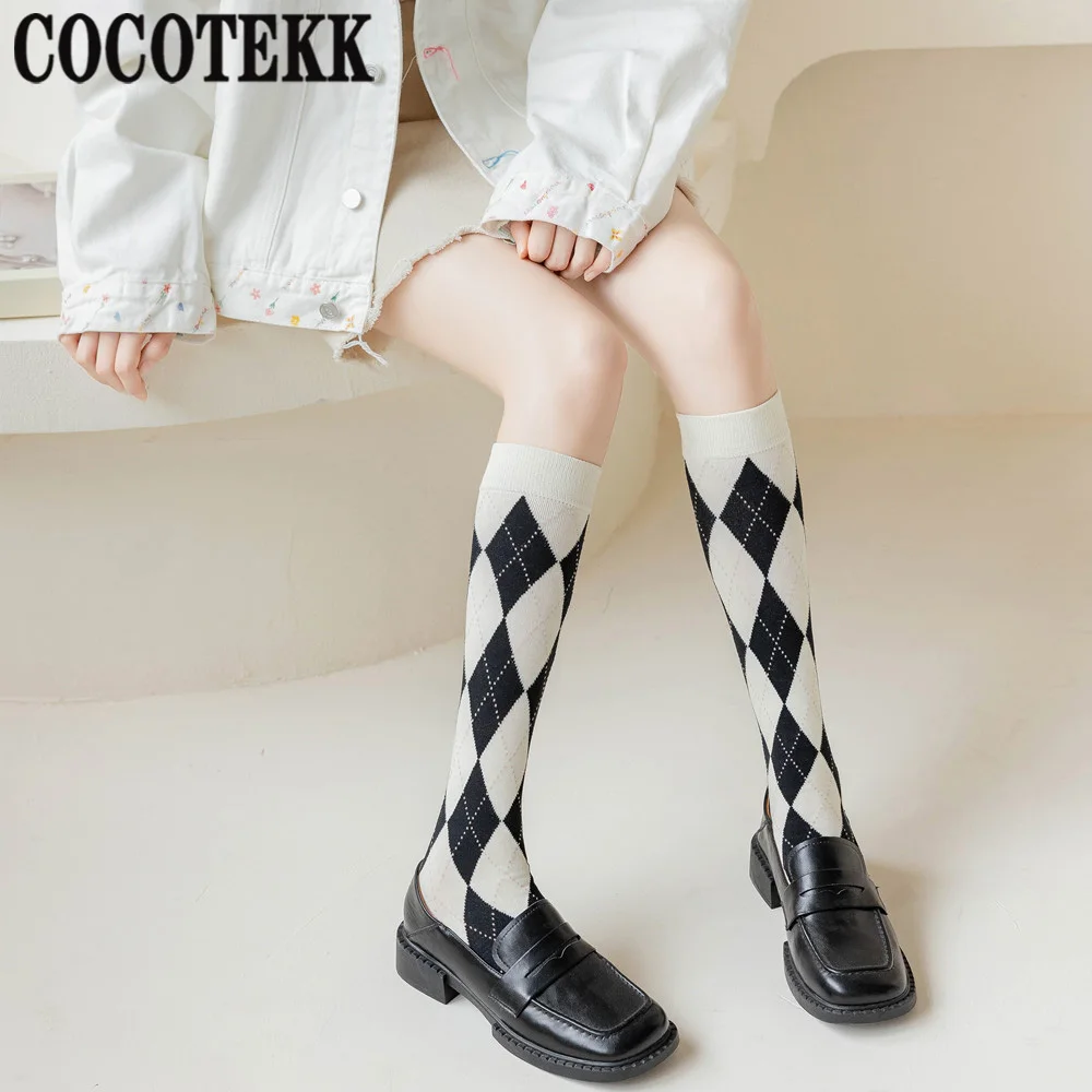 New Fashion Stockings Women\'s Calf Socks Autumn Winter British Style Retro Diamond Check Lattice Sports Cotton JK Long Socks