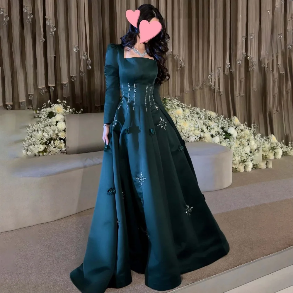 맞춤 제작된 고급스러운 스퀘어넥 여성 프로ム 드레스, 섹시한 긴팔의 매력적인 A라인 비딩 파티 드레스, 여성용 러플 이브닝 가운