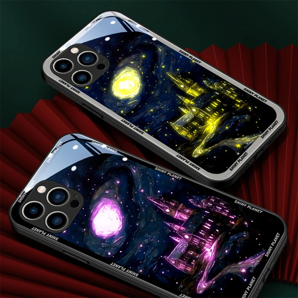 

Starry Sky Castle LED Flash Phone Case For Samsung A73 A72 A54 A53 A52 A14 Note 20 10 Ultra Plus Light Up Glass Back Cover