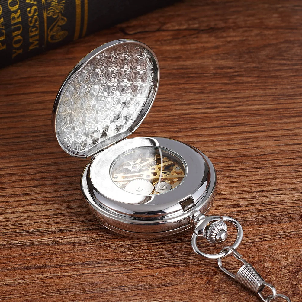 Luxury Sliver Mechanical Pocket Watch for Men Women Smooth Vintage Roman Numeral Dial Man Fob Chain Pendant Clock for Collection
