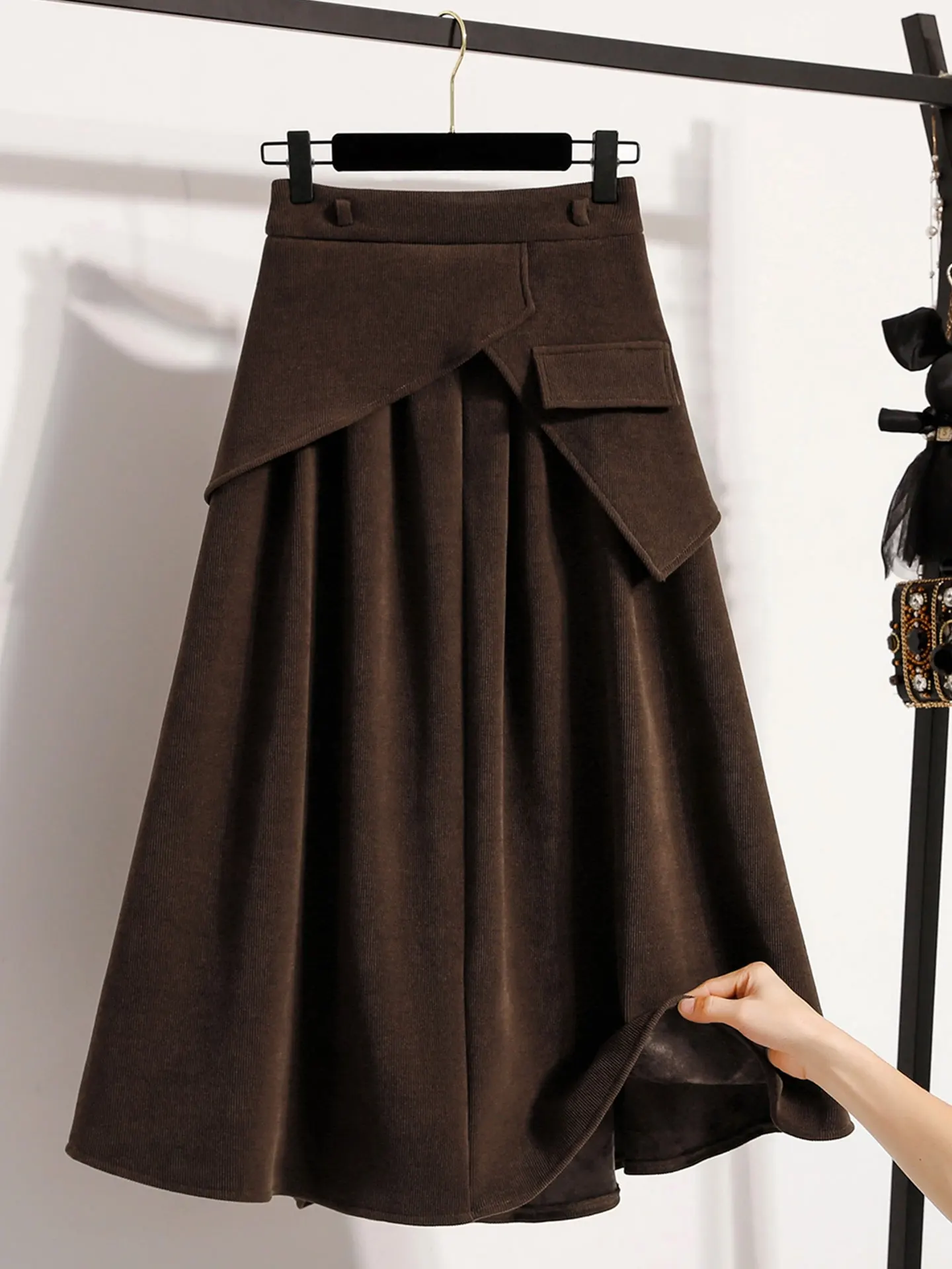 

Retro Coffee Brown High Waist A-Line Skirt plus Size Women's Faion Autumn Winter Thiened Casual Straight Cut Skirt