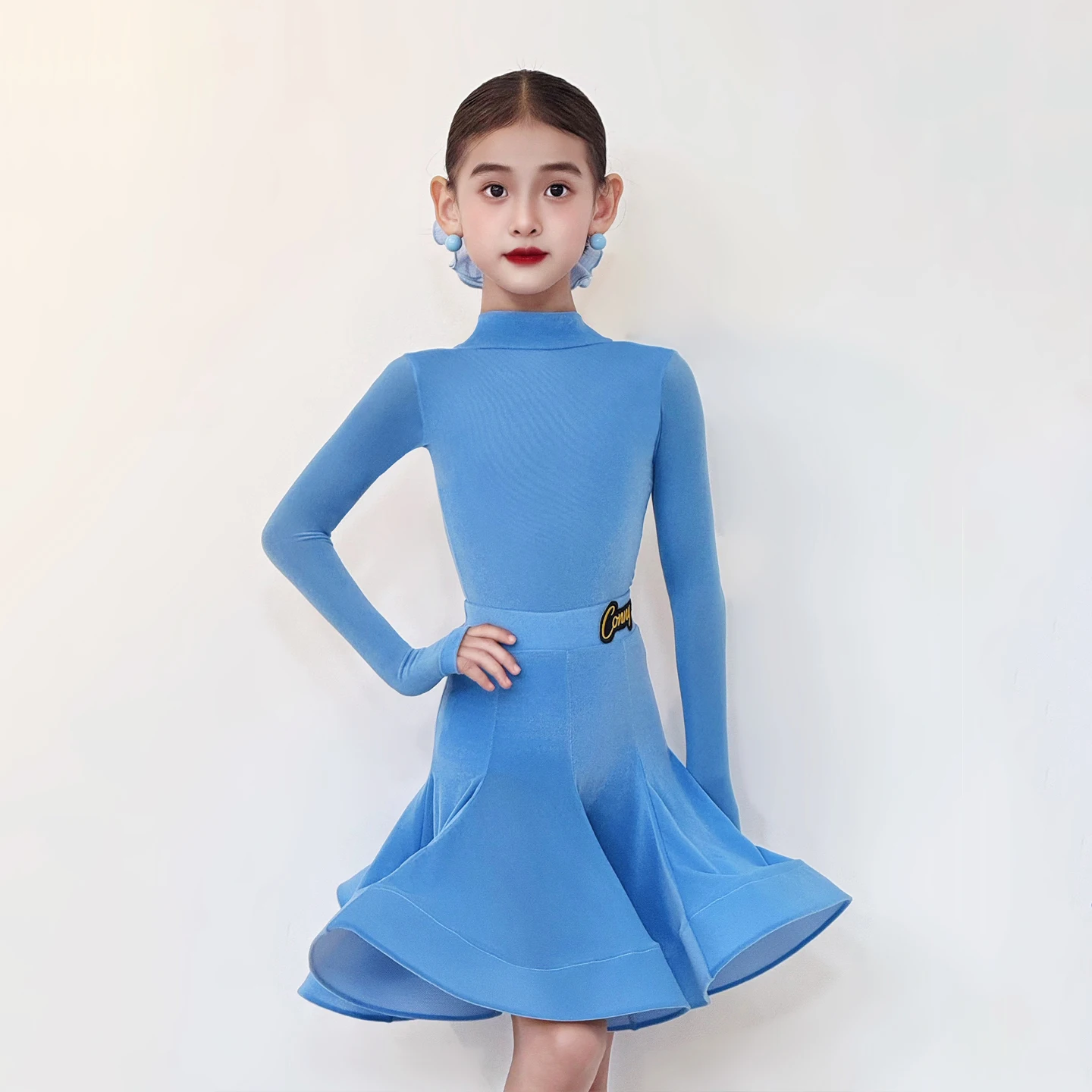 Mädchen Latin Dance Wettbewerb Kleidung Kind Bühne Leistung Anzug Professionelle Tanzen Outfit Langarm Latin Set Blau AMY2967