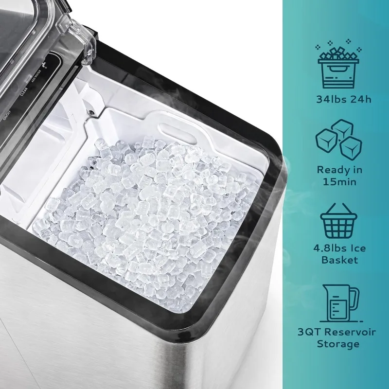 Auto-limpeza Pebble Ice Maker Machine, 2 Way Refil de água, reservatório 3Qt, pepita bancada, Max 34lbs/Day