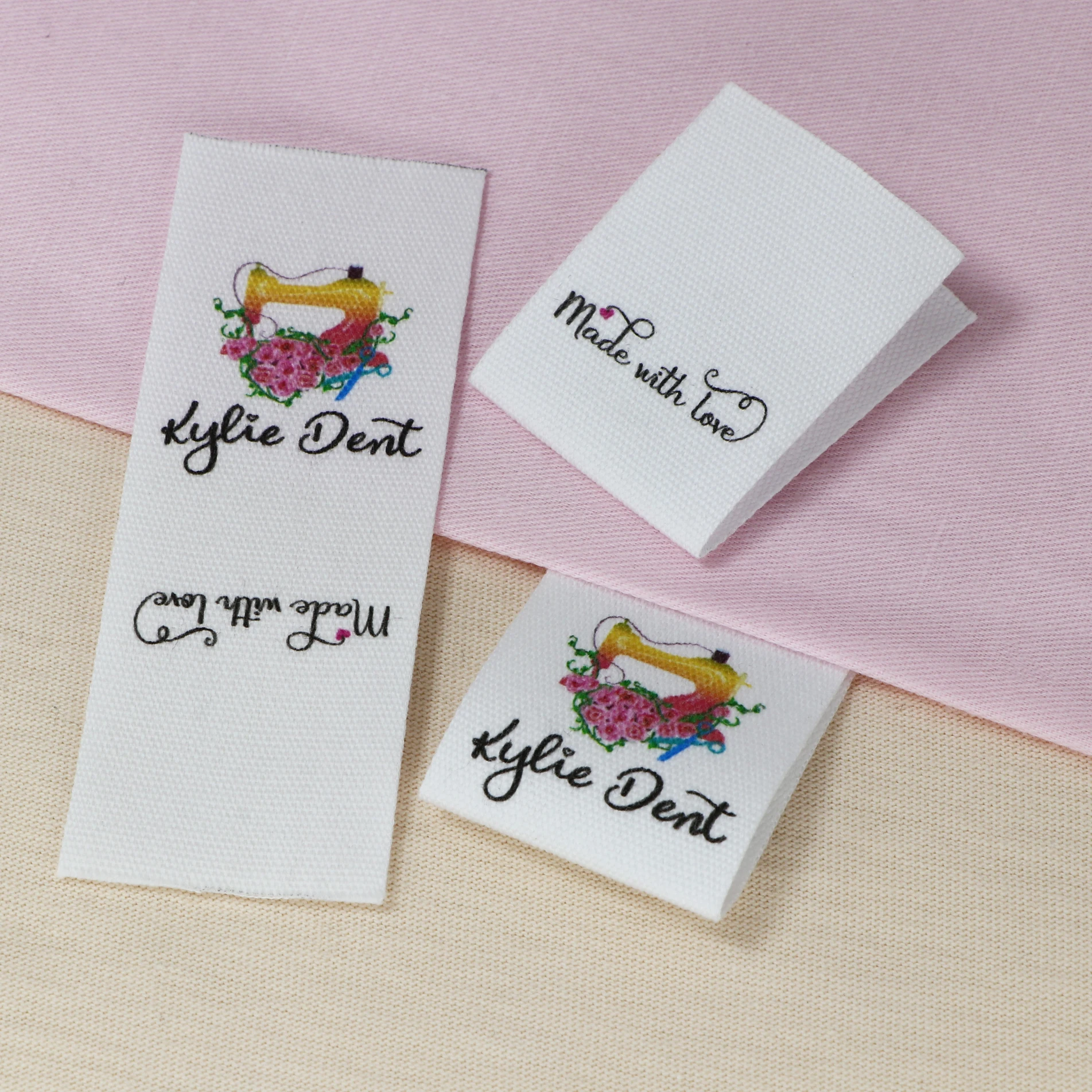Sewing labels / Custom brand labels, Clothing Labels, Sewing Machine, Fabric 100% cotton, Custom text (FR085)