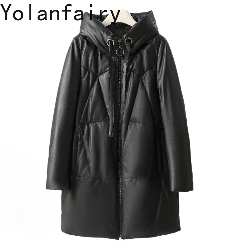 YOLANFAIRY Piumino in vera pelle al 100% Donna Autunno Inverno 2025 Cappotto in pelle di pecora di media lunghezza con cappuccio Caldo piumino allentato