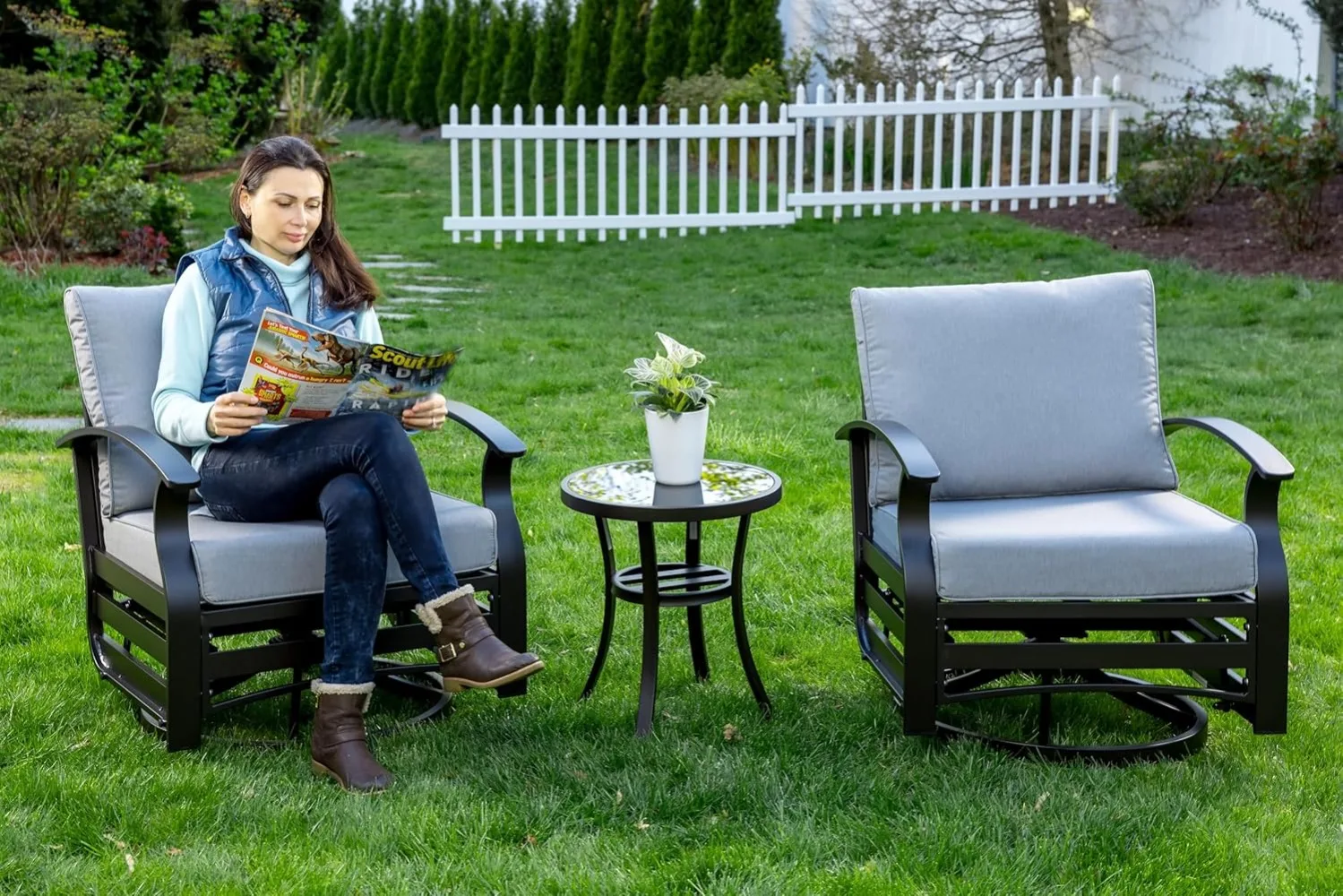 Gotland 3 Piece Patio Outdoor Aluminum Metal Swivel Rocking Chair Outdoor Metal Swivel Rocking Chair Furniture Conversation Set