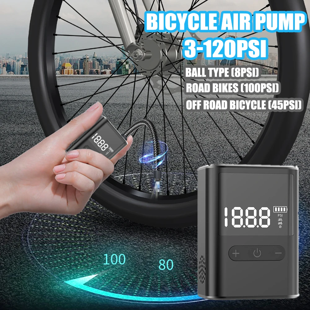 

120PSI Portable Pocket Bike Electric Air Pump Rechargeable Compressor Tire Inflator Digital Gauge Display Tire Pressure Gauge