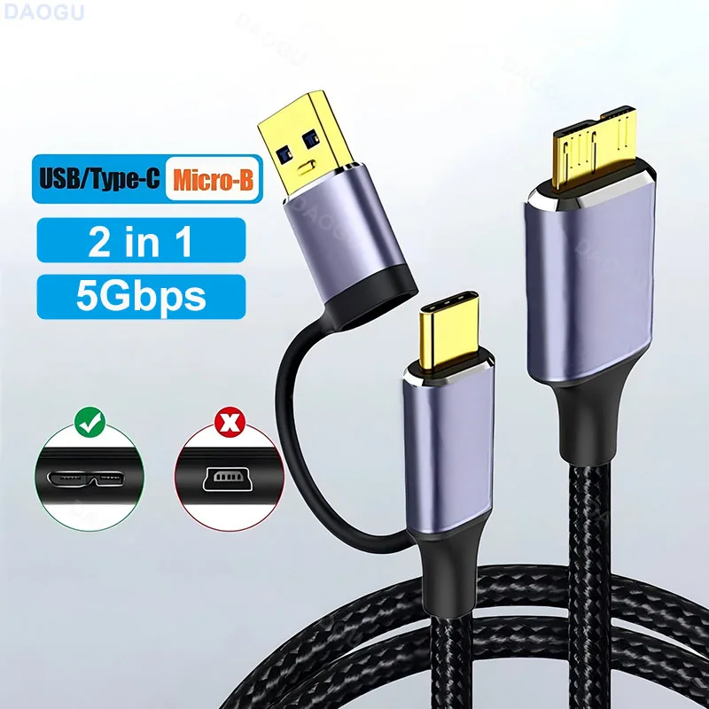 Type C USB 3.0 Type A to Micro B Cable Connector 5Gbps Data Cord for External Hard Drive 2 in 1 3A Charge for Samsung Note 3 S5