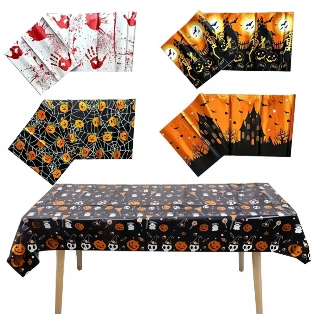 137*183cm Halloween Skull Pumpkin Ghost Bat Castle Waterproof Tablecloth Aluminum Film Disposable for Table Decor Party Supplies