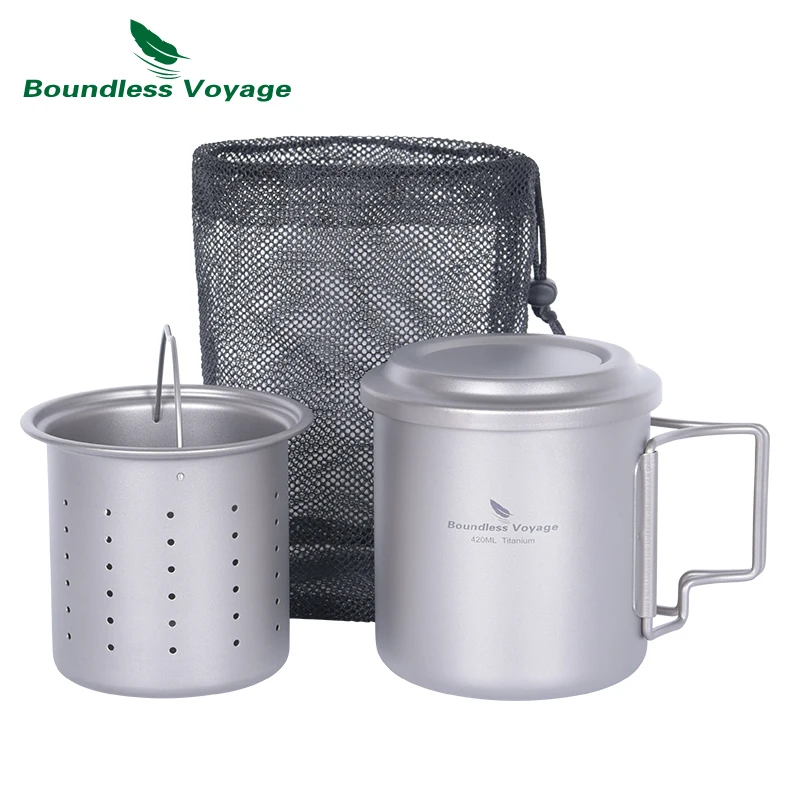 Taza de titanio Boundless Voyage con colador de té, taza de té de 420ml/14,2 Fl.oz con mango plegable, tetera para acampar al aire libre Ti3054D