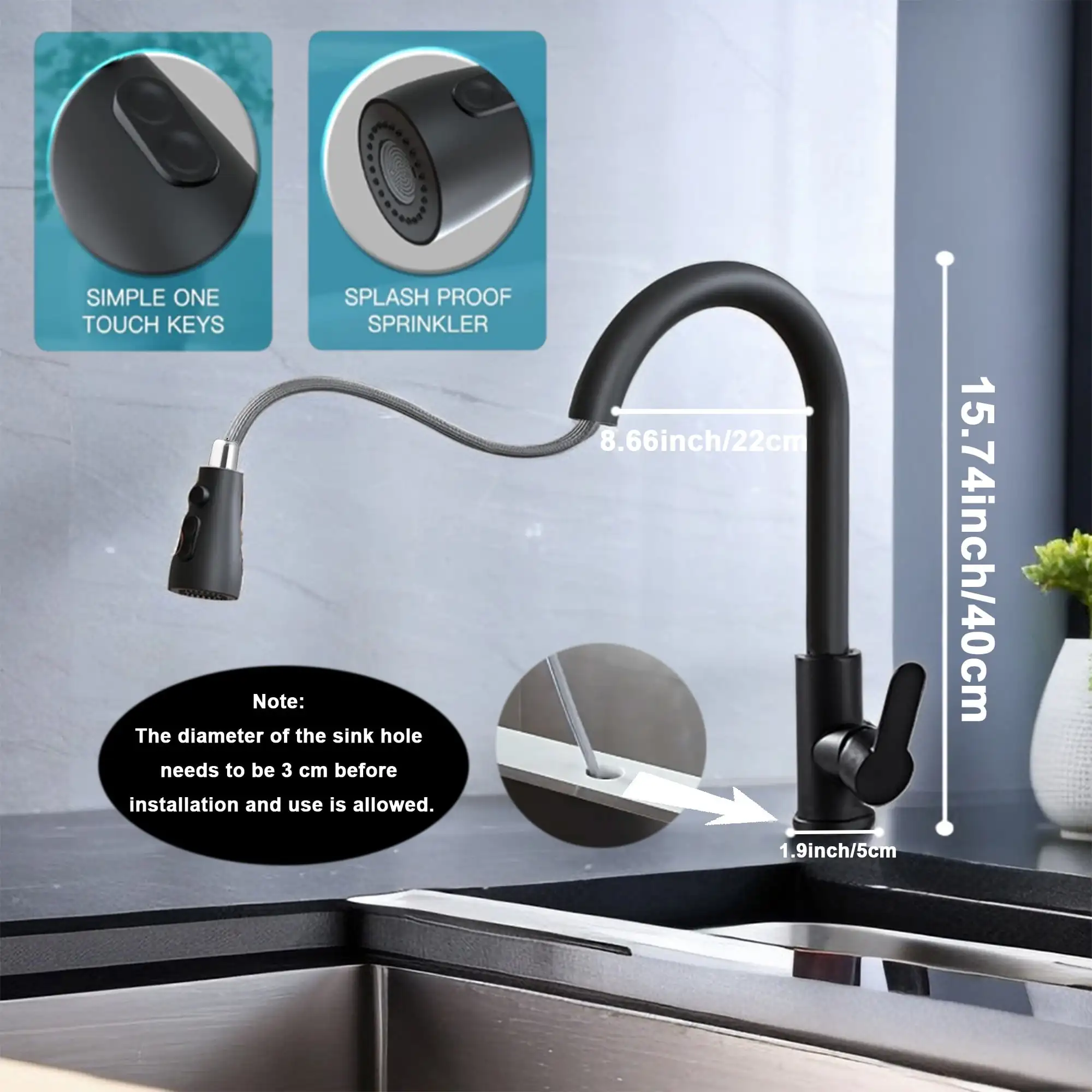 Kitchen sink faucet, drop down injector faucet, available in 3 modes for farmhouse campers laundry RV bar, etc., black