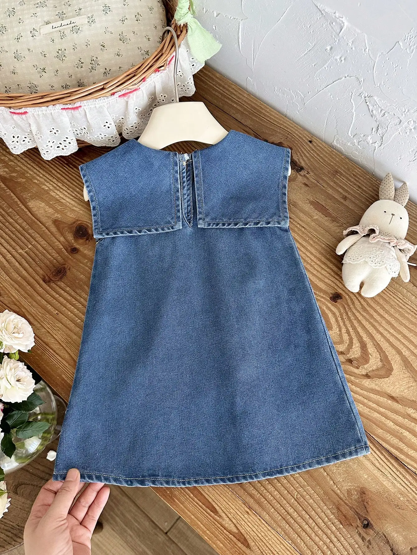 Lovely Baby Girl Vintage Style Dress Cherry Embroidery Sleeveless Denim Dress