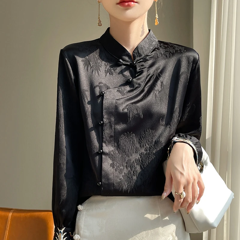 

Новый весенний женский шелковый атласный топ с воротником-стойкой и вышивкой, гладкий модный универсальный длинный свеч для поездок на работу