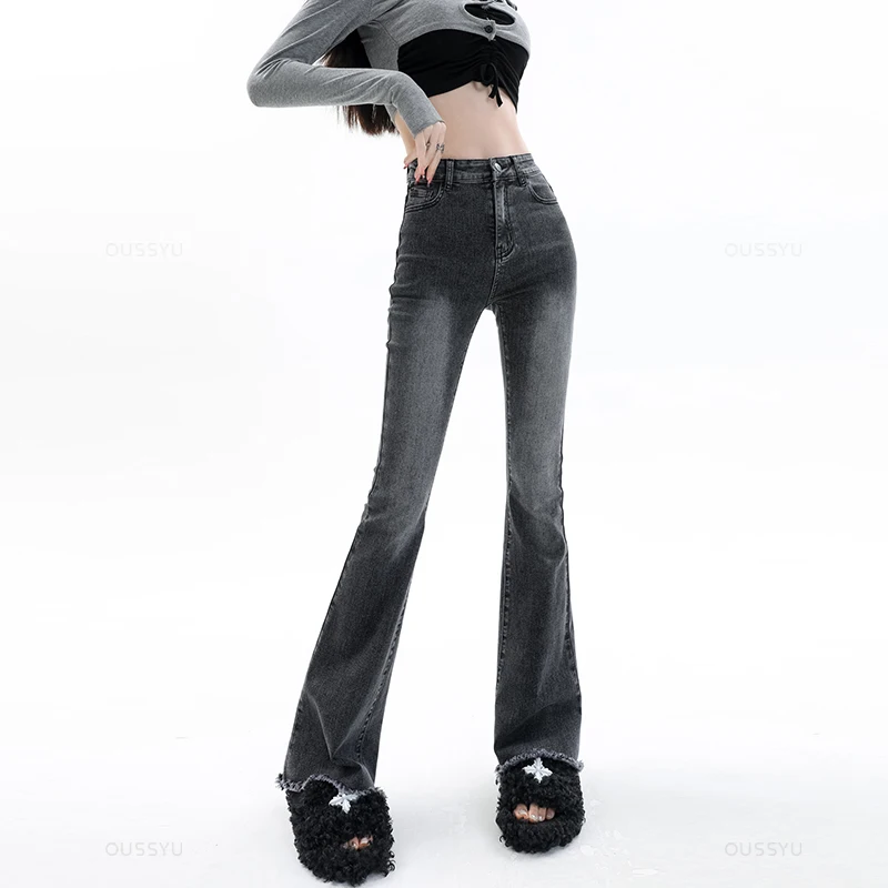 Spring Summer Flared Jeans Women Cotton Vintage Blue Denim Pants Streetwear Elastic High Waist Slim Harajuku Trouser Plus Length