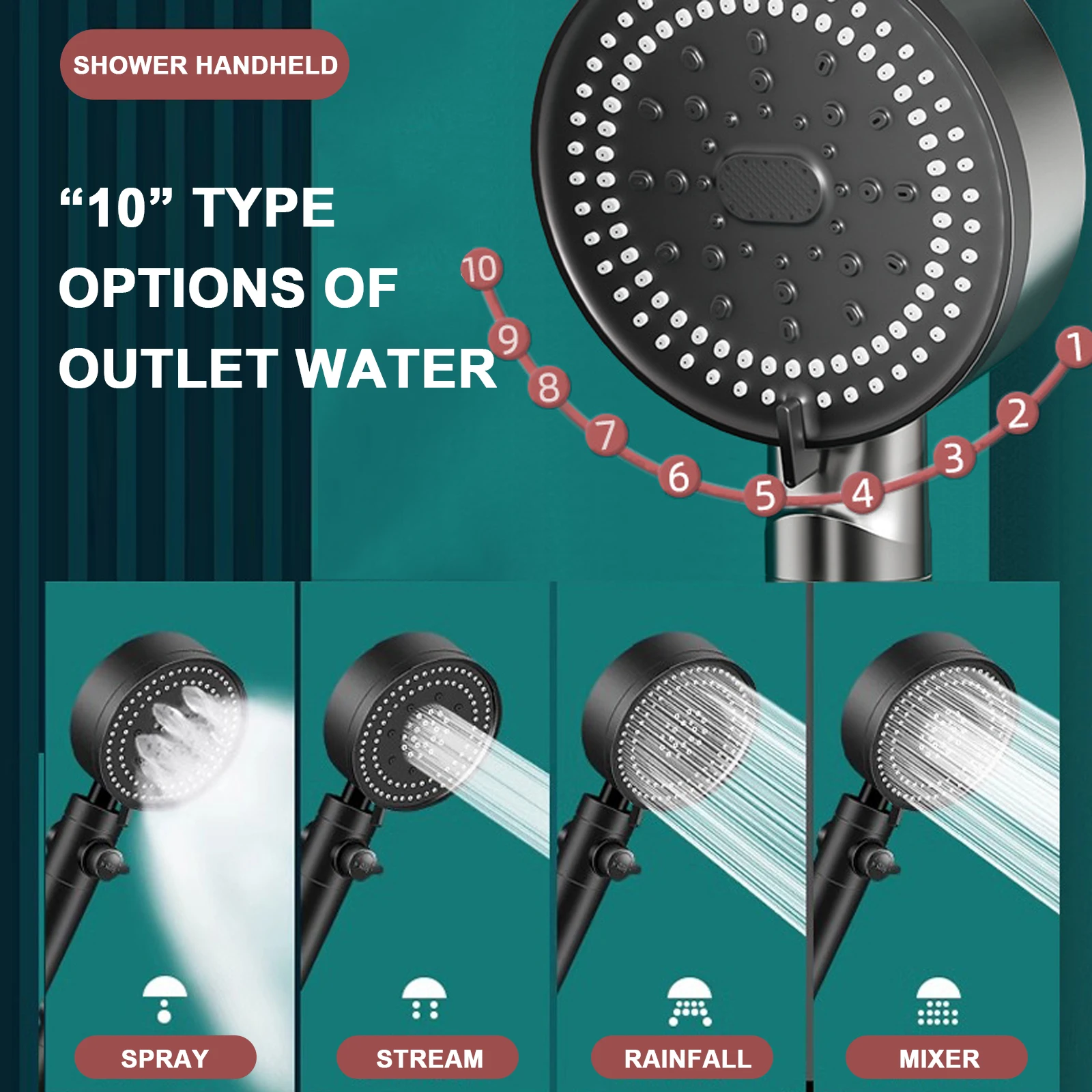 10 Modes Bathroom Shower Head Handheld High-Pressure Water Saver Showerhead Portable Black Rainfall Massage Shower Nozzl