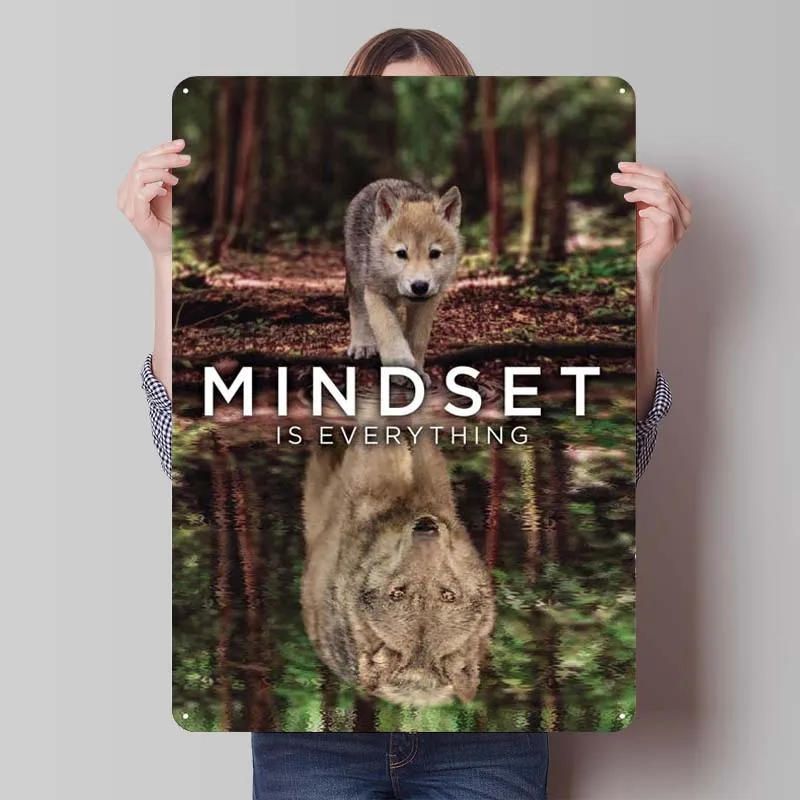 Mindset Is Everything Wolf Tin Sign Motivational Poster Retro Metal Signs for Wall Art Decoration Bar Bath Room Decor Men Home