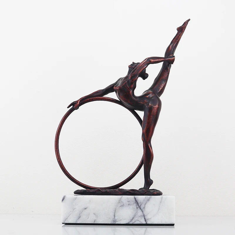 Red Bronze Metal Sculpture with Marble Base Modern Luxury Gymnast Dancer Statue Desk Decorations Ornament for Office Home Decor
