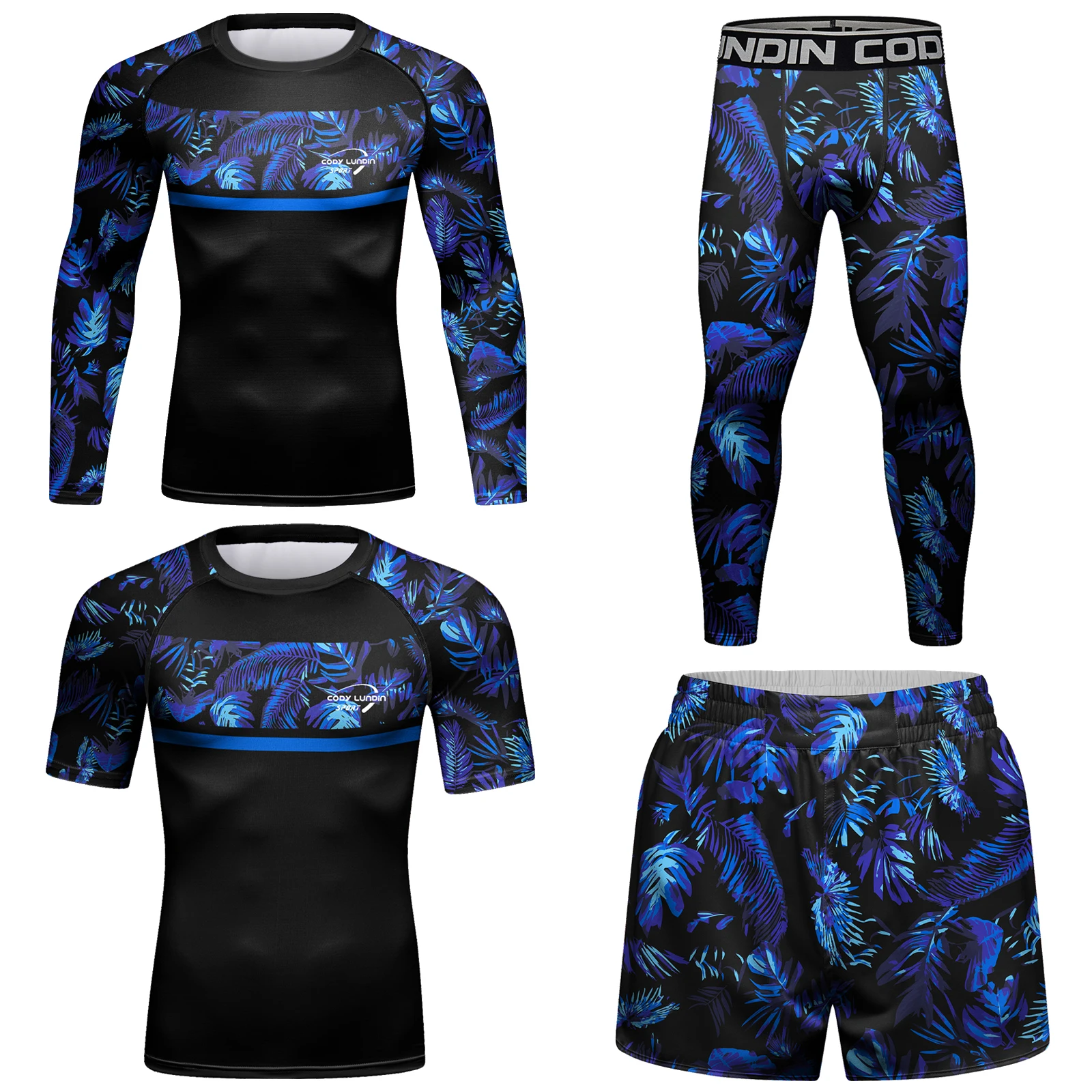 Cody Lundin Quick Dry MMA BJJ wrestling Training Fitness Sportswear Men's Blue Leaf Print jiu jitsu brazilian RashGuard 4PCS/Set