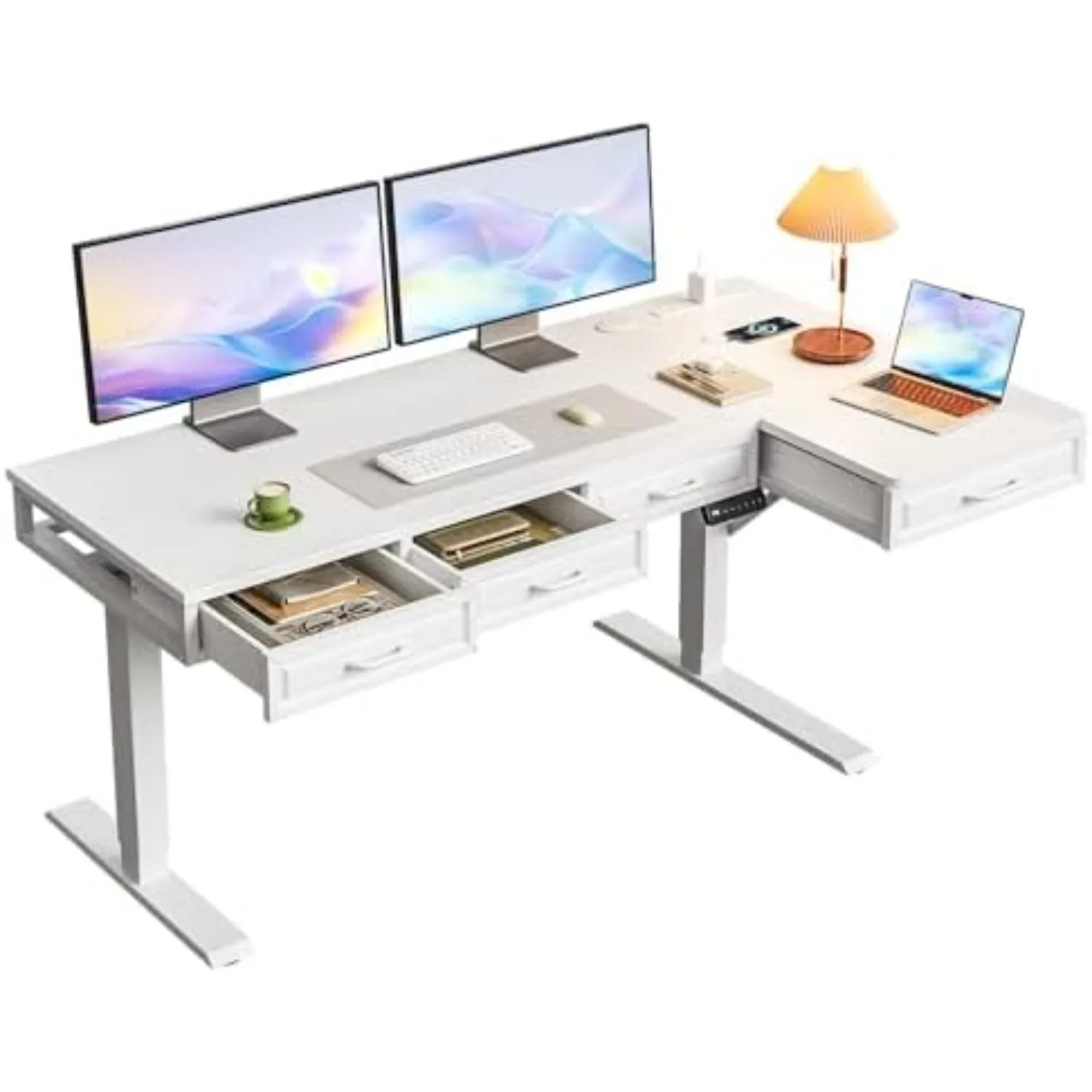 55 Inch L Shaped Standing Desk with 4 Wooden Drawers, White | Reversible Corner Table, Office Table With 4 Wooden